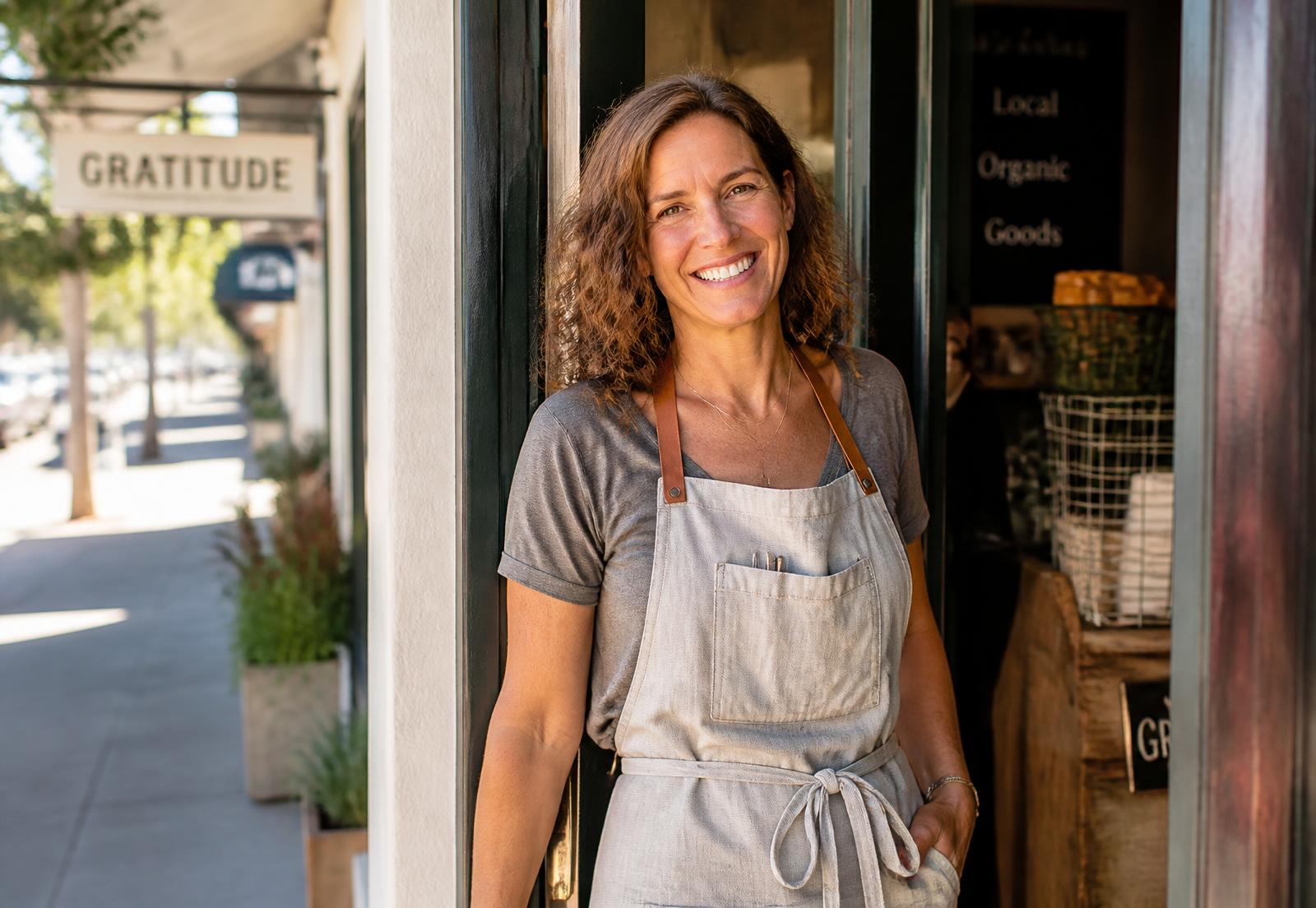 A local shop owner standing in the doorway of her Central Coast business